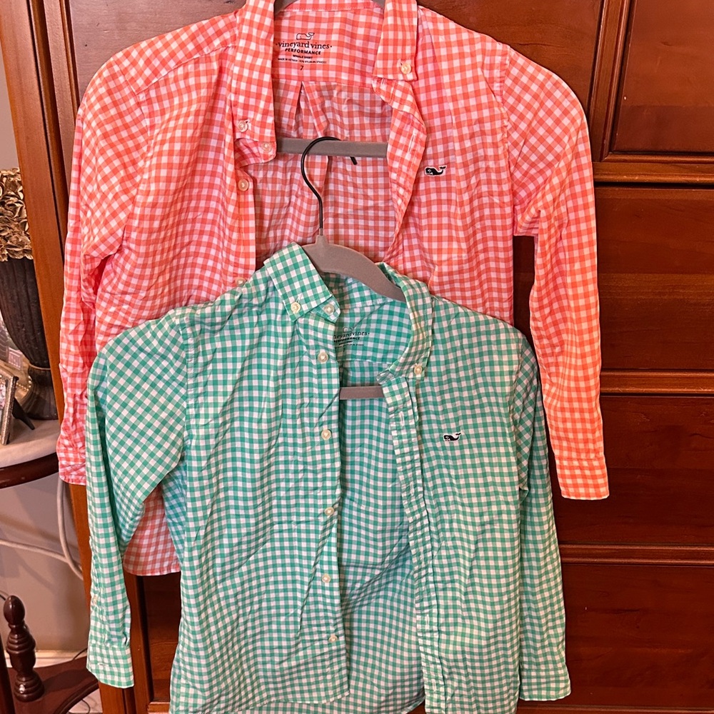 Kids Gingham Button-Down Shirt Set - orange and Green